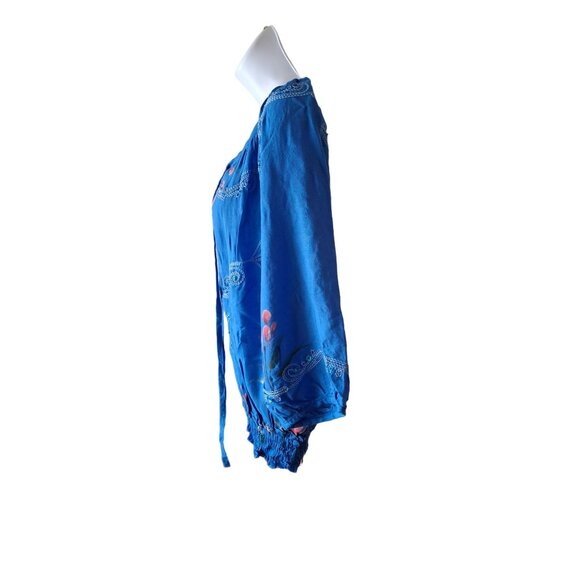 Island Planet Womens  Blouse One Size Blue Floral Embroidered Rayon Boho Peasant - Picture 3 of 8
